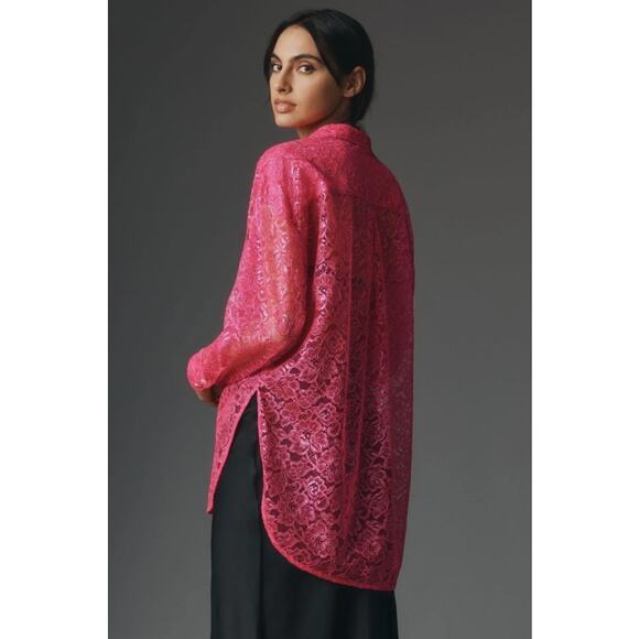 Anthropologie Pink Metallic Lace Button Down Shirt 1X NWT - Picture 4 of 15